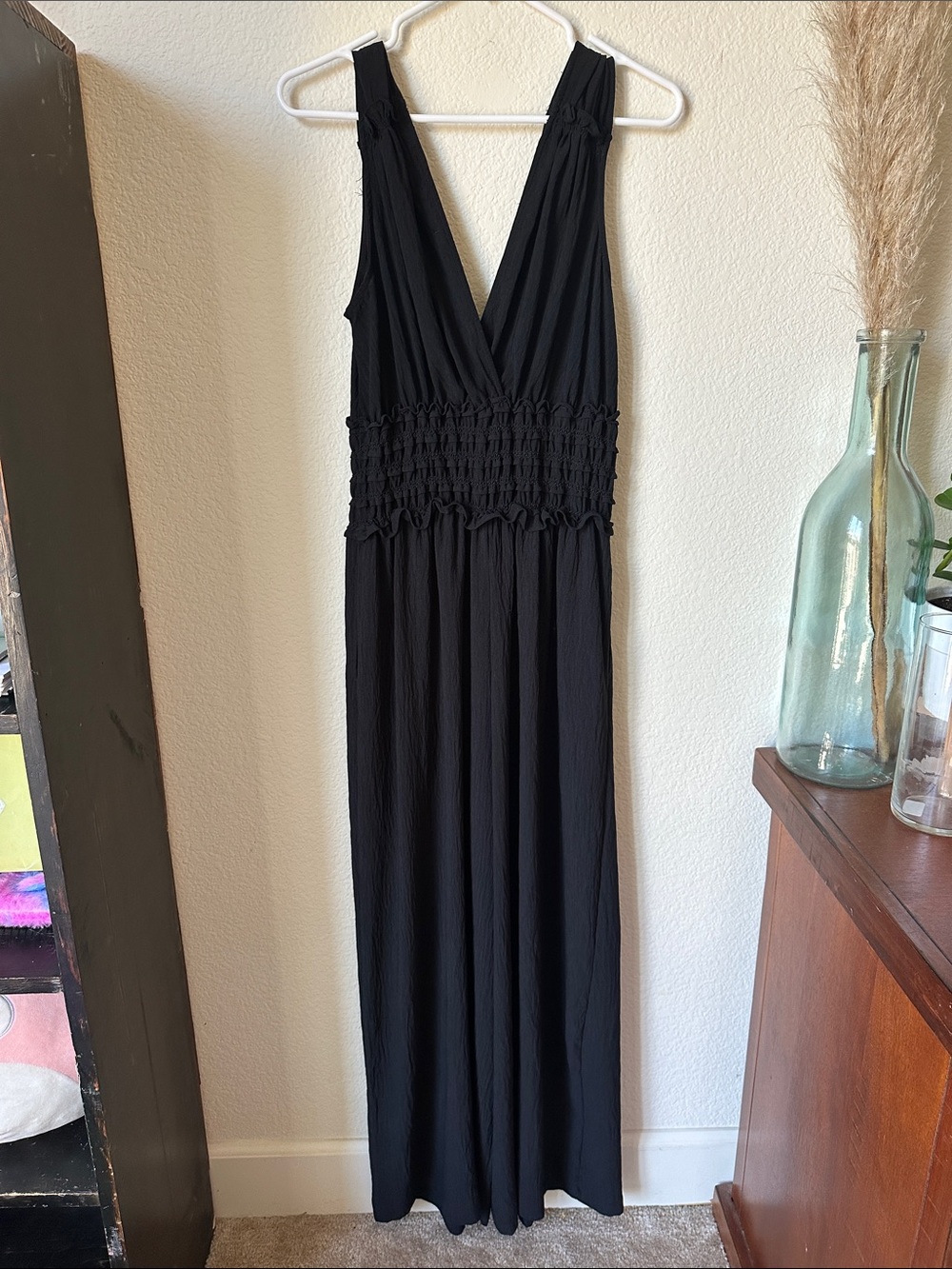 Max Studio Black V-Neck Smocked-Waist Maxi Jumpsuit